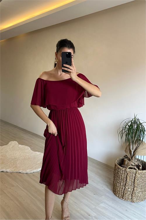 Dipmoda kadın omzu açık piliseli midi şifon elbise NM006