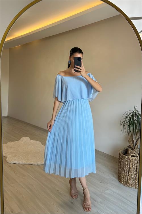 Dipmoda kadın omzu açık piliseli midi şifon elbise NM006