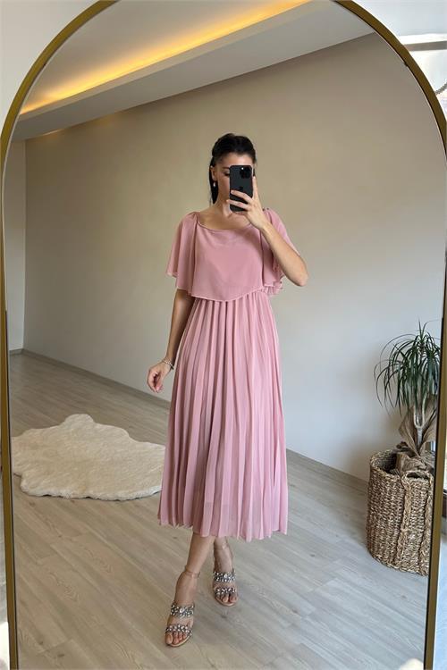 Dipmoda kadın omzu açık piliseli midi şifon elbise NM006