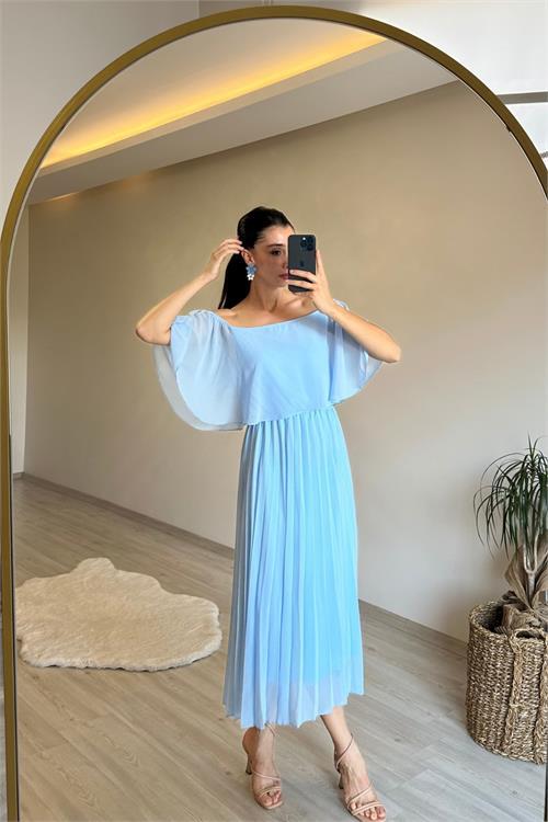 Dipmoda kadın omzu açık piliseli midi şifon elbise NM006