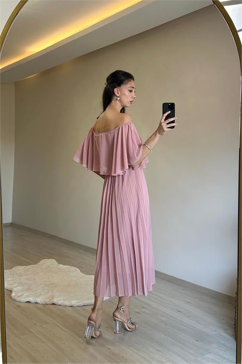 Dipmoda kadın omzu açık piliseli midi şifon elbise NM006