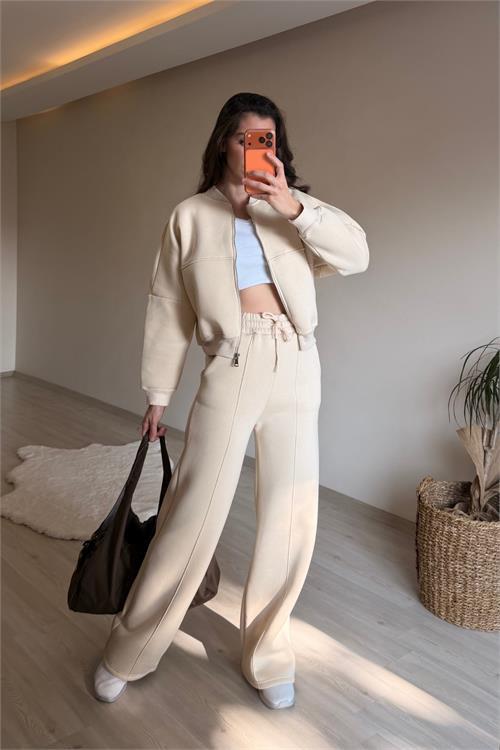 Dipmoda kadın oversize 3 iplik cepli eşofman takımı NM029