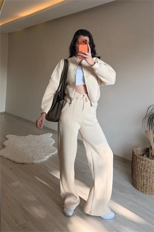 Dipmoda kadın oversize 3 iplik cepli eşofman takımı NM029