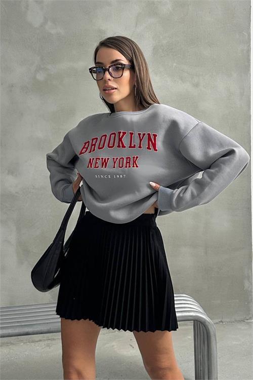 Dipmoda kadın oversize baskılı 3 iplik şardonlu sweatshirt DPG115