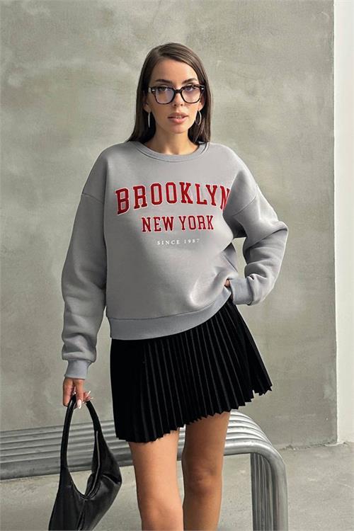 Dipmoda kadın oversize baskılı 3 iplik şardonlu sweatshirt DPG115