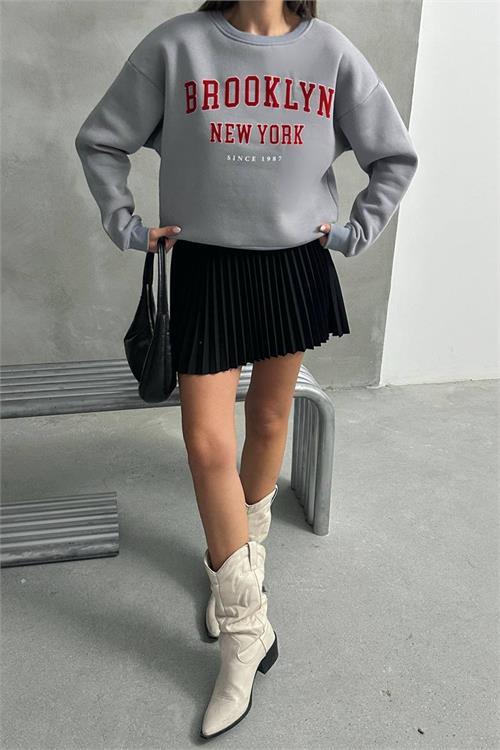 Dipmoda kadın oversize baskılı 3 iplik şardonlu sweatshirt DPG115