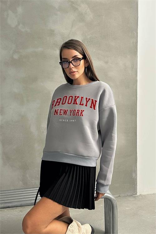 Dipmoda kadın oversize baskılı 3 iplik şardonlu sweatshirt DPG115