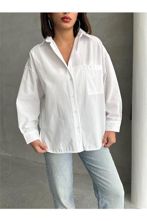 Dipmoda kadın oversize cep detaylı poplin gömlek DPNBG072
