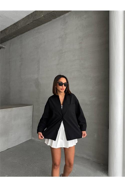 Dipmoda kadın oversize cep detaylı poplin gömlek DPNBG072