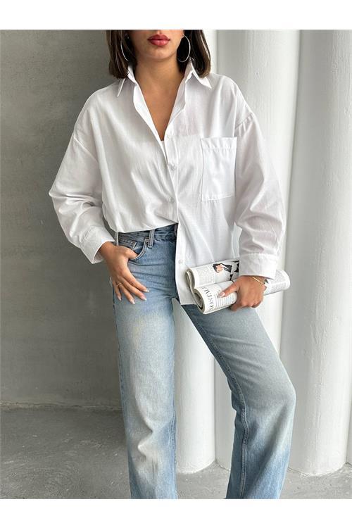 Dipmoda kadın oversize cep detaylı poplin gömlek DPNBG072