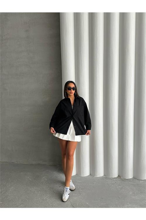 Dipmoda kadın oversize cep detaylı poplin gömlek DPNBG072