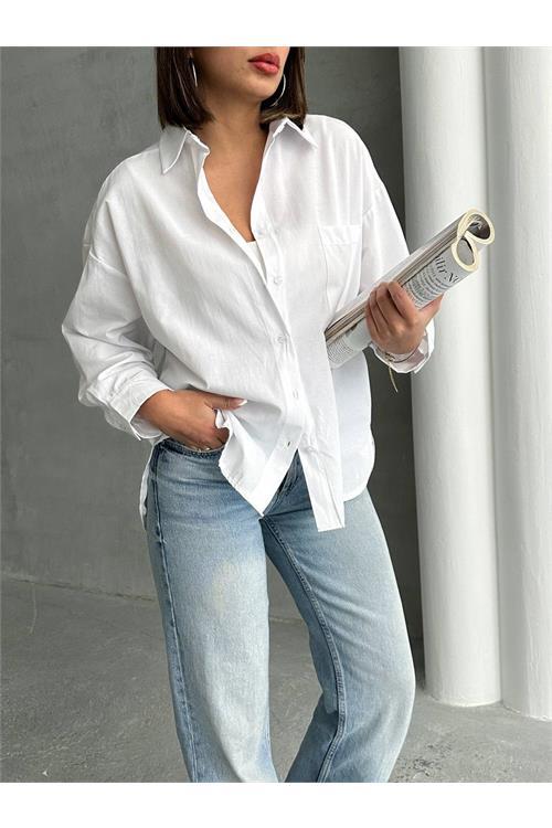 Dipmoda kadın oversize cep detaylı poplin gömlek DPNBG072
