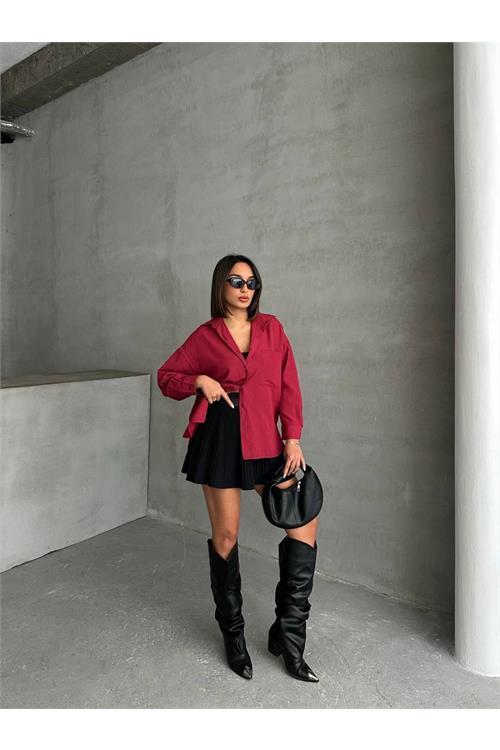 Dipmoda kadın oversize cep detaylı poplin gömlek DPNBG072