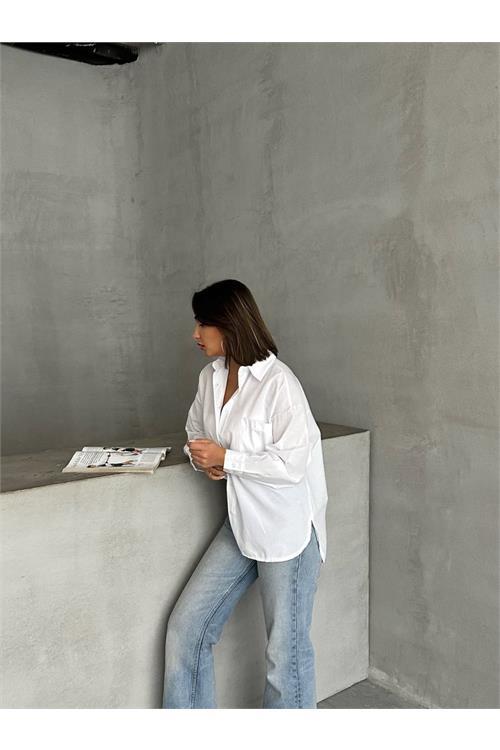 Dipmoda kadın oversize cep detaylı poplin gömlek DPNBG072