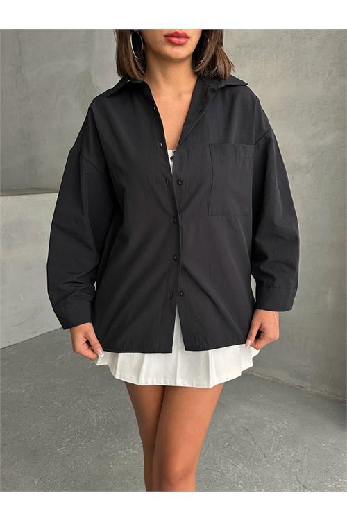 Dipmoda kadın oversize cep detaylı poplin gömlek DPNBG072