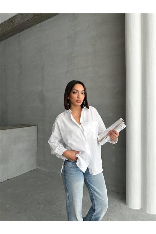 Dipmoda kadın oversize cep detaylı poplin gömlek DPNBG072