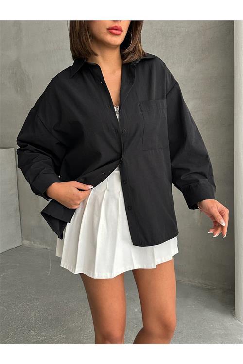 Dipmoda kadın oversize cep detaylı poplin gömlek DPNBG072