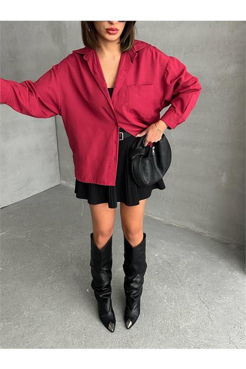 Dipmoda kadın oversize cep detaylı poplin gömlek DPNBG072