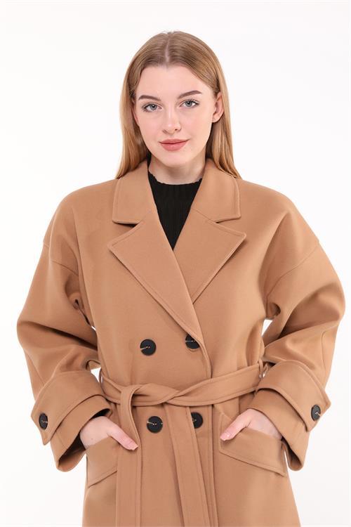 Dipmoda kadın oversize yünlü kaşe kaban DPNBPLTN01 - Camel