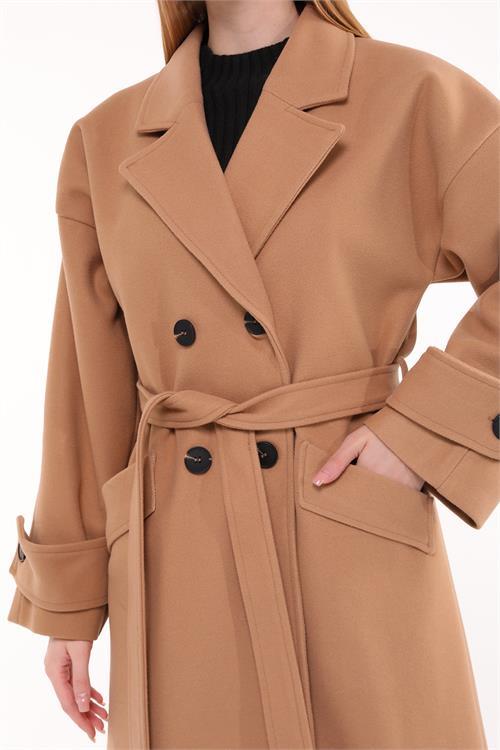 Dipmoda kadın oversize yünlü kaşe kaban DPNBPLTN01 - Camel
