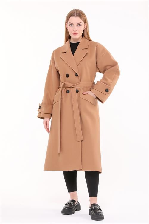 Dipmoda kadın oversize yünlü kaşe kaban DPNBPLTN01 - Camel