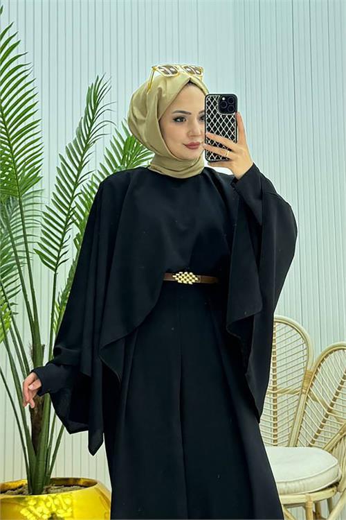 Dipmoda kadın pelerinli kemer detaylı tesettür tulum NMS061