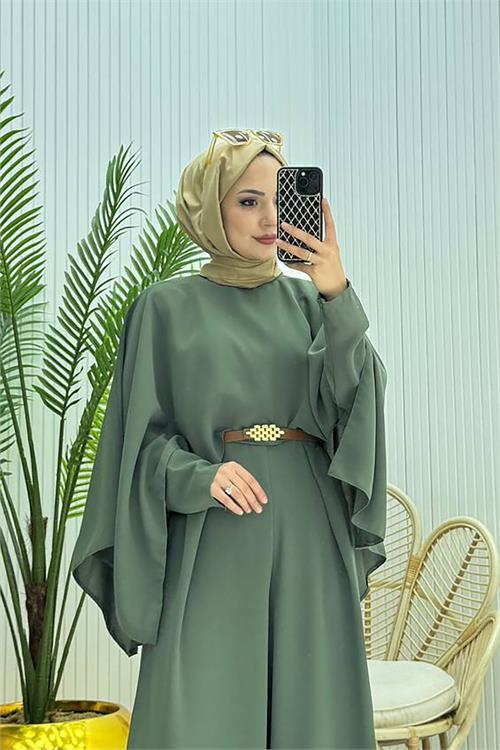 Dipmoda kadın pelerinli kemer detaylı tesettür tulum NMS061