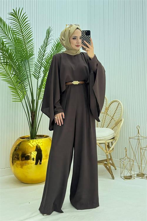 Dipmoda kadın pelerinli kemer detaylı tesettür tulum NMS061