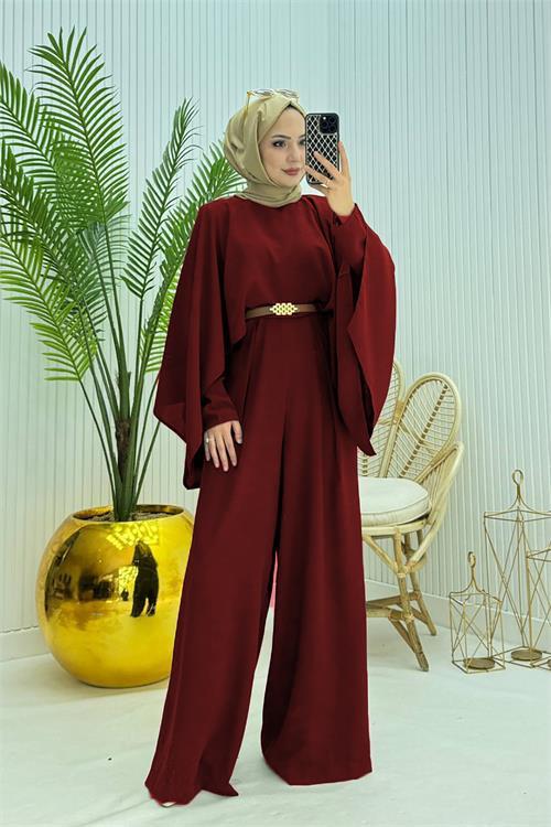 Dipmoda kadın pelerinli kemer detaylı tesettür tulum NMS061