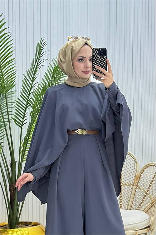 Dipmoda kadın pelerinli kemer detaylı tesettür tulum NMS061