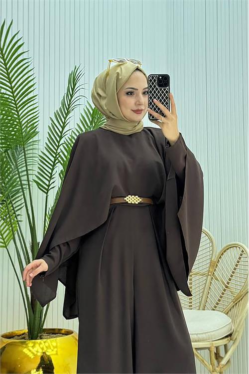 Dipmoda kadın pelerinli kemer detaylı tesettür tulum NMS061
