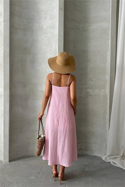 Dipmoda kadın pembe ayarlanabilir askılı salaş elbise DPG090