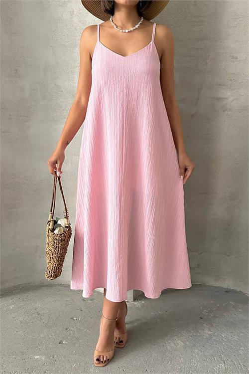 Dipmoda kadın pembe ayarlanabilir askılı salaş elbise DPG090