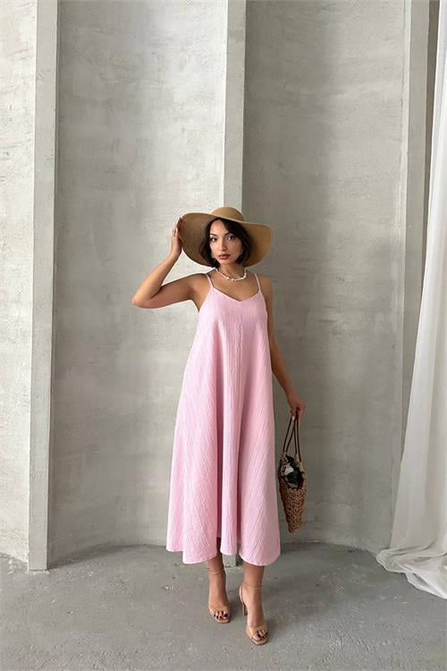 Dipmoda kadın pembe ayarlanabilir askılı salaş elbise DPG090