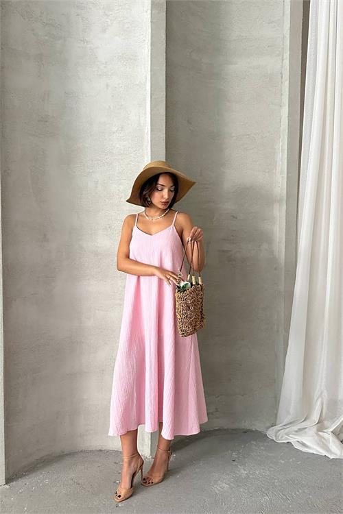Dipmoda kadın pembe ayarlanabilir askılı salaş elbise DPG090