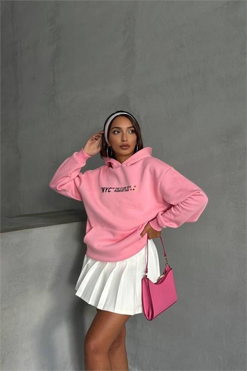 Dipmoda kadın pembe baskı detaylı kapüşonlu sweat NBG043 