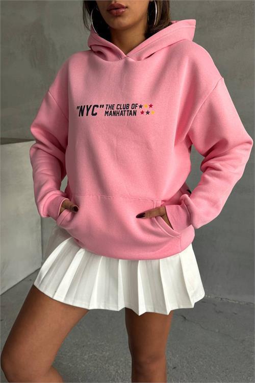 Dipmoda kadın pembe baskı detaylı kapüşonlu sweat NBG043 
