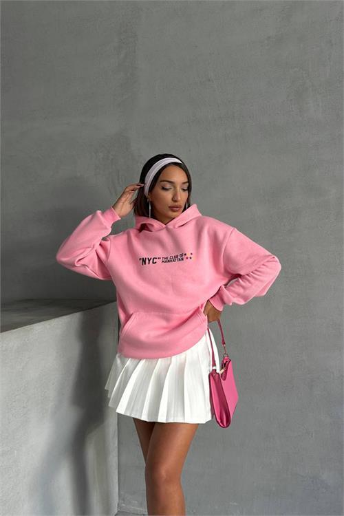 Dipmoda kadın pembe baskı detaylı kapüşonlu sweat NBG043 