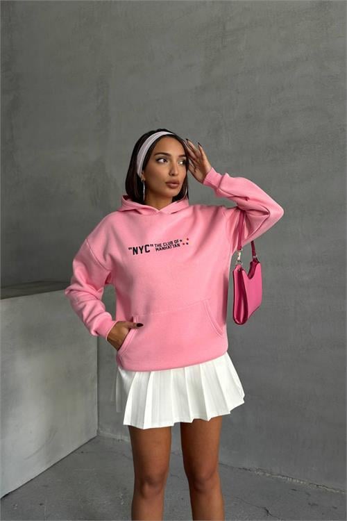 Dipmoda kadın pembe baskı detaylı kapüşonlu sweat NBG043 