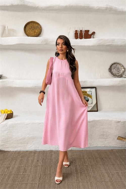 Dipmoda kadın pembe cep detaylı kolsuz oversize yazlık elbise DPNP038