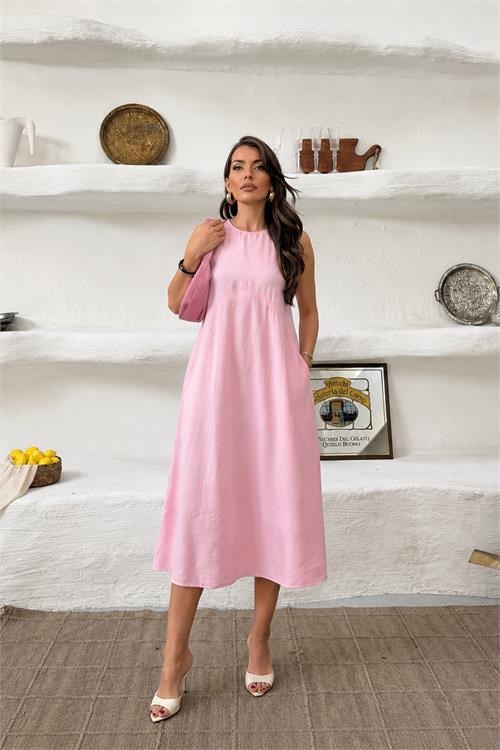 Dipmoda kadın pembe cep detaylı kolsuz oversize yazlık elbise DPNP038