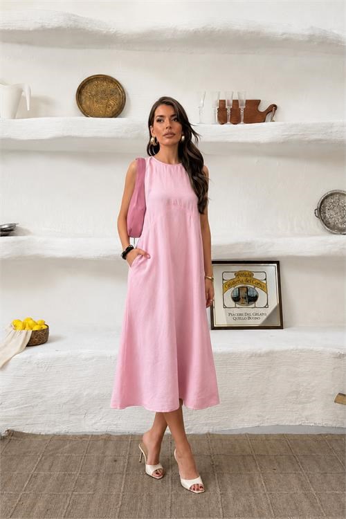 Dipmoda kadın pembe cep detaylı kolsuz oversize yazlık elbise DPNP038
