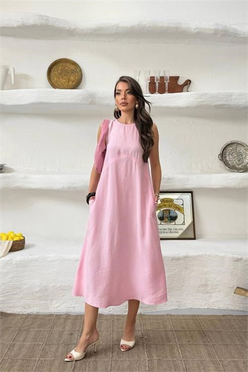 Dipmoda kadın pembe cep detaylı kolsuz oversize yazlık elbise DPNP038