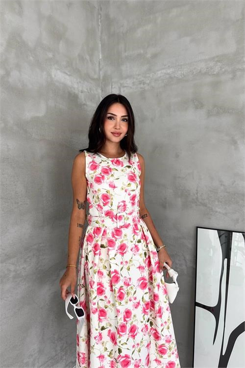 Dipmoda kadın pembe çiçek desenli kolsuz midi boy kloş kemerli elbise DPK4645