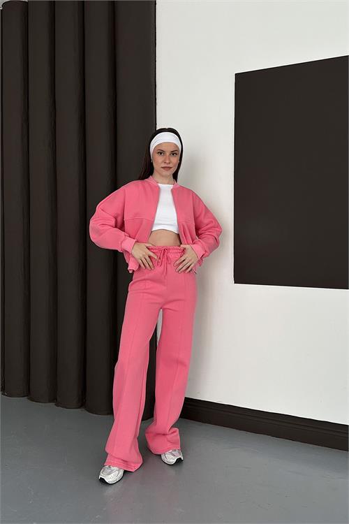 Dipmoda kadın pembe fermuarlı 3 iplik eşofman takımı DPESF01