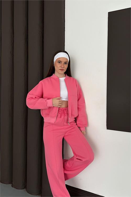 Dipmoda kadın pembe fermuarlı 3 iplik eşofman takımı DPESF01