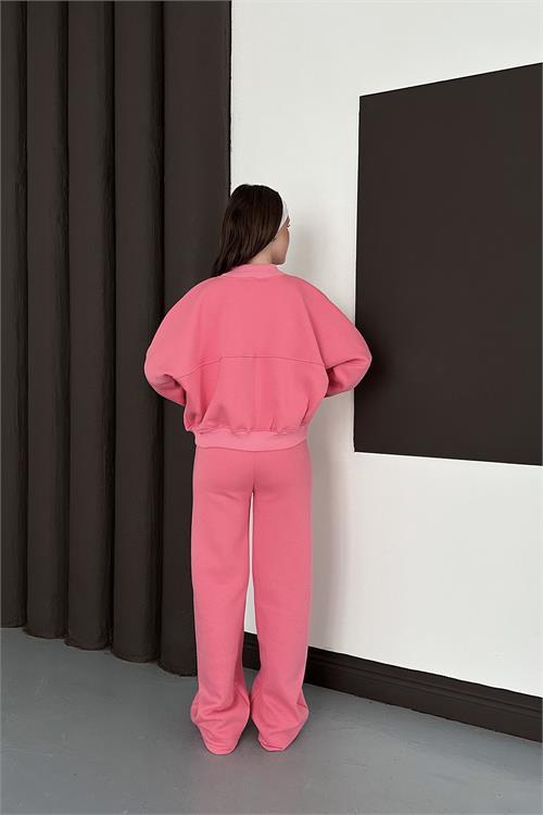 Dipmoda kadın pembe fermuarlı 3 iplik eşofman takımı DPESF01