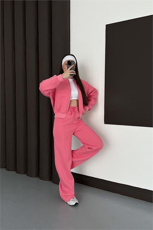 Dipmoda kadın pembe fermuarlı 3 iplik eşofman takımı DPESF01