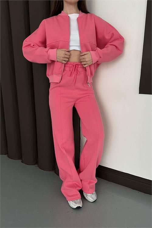 Dipmoda kadın pembe fermuarlı 3 iplik eşofman takımı DPESF01