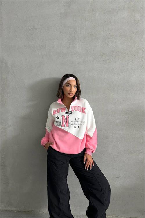 Dipmoda kadın pembe fermuarlı New york sweat NBG050